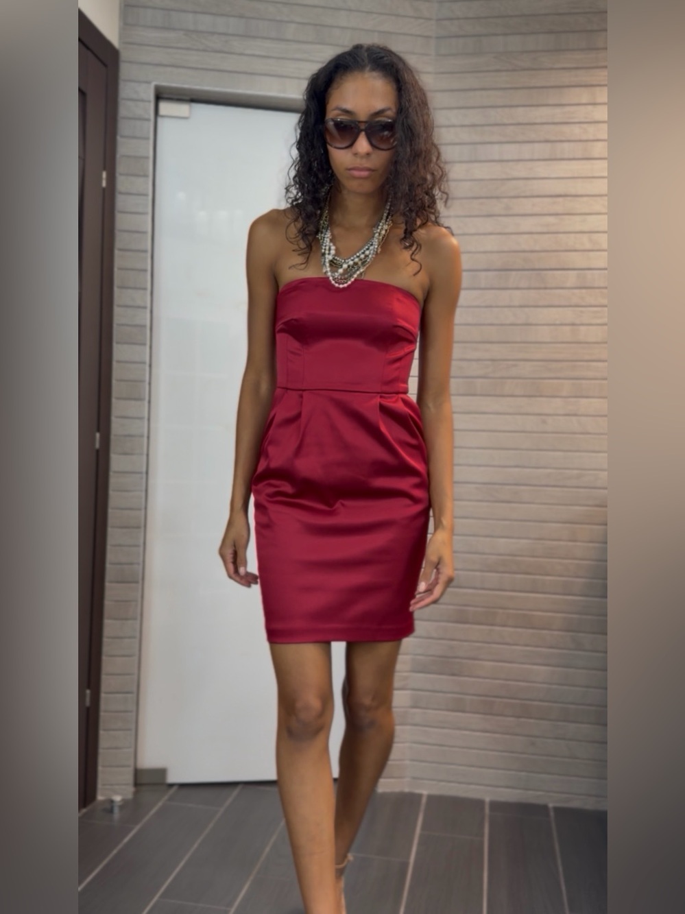 Express Strapless Satin Dress in Deep Wine